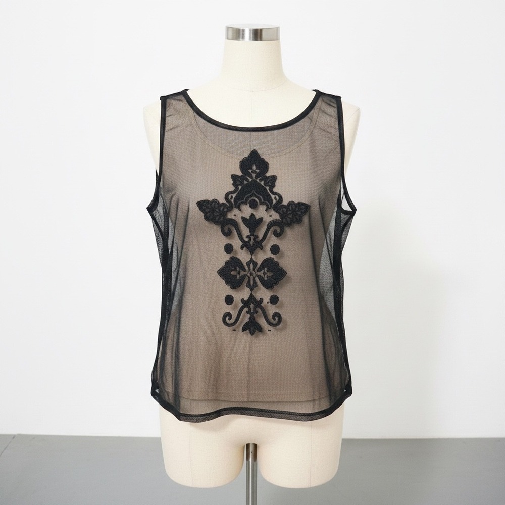 Kasper Womens Black Mesh Embroidered Sleeveless Scoop Neck Layered Top Size M